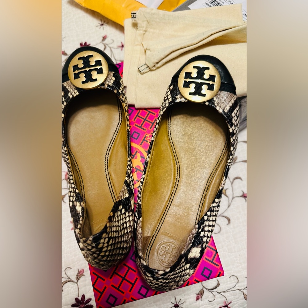 Tory Burch Gold Logo Snake Pattern Flats